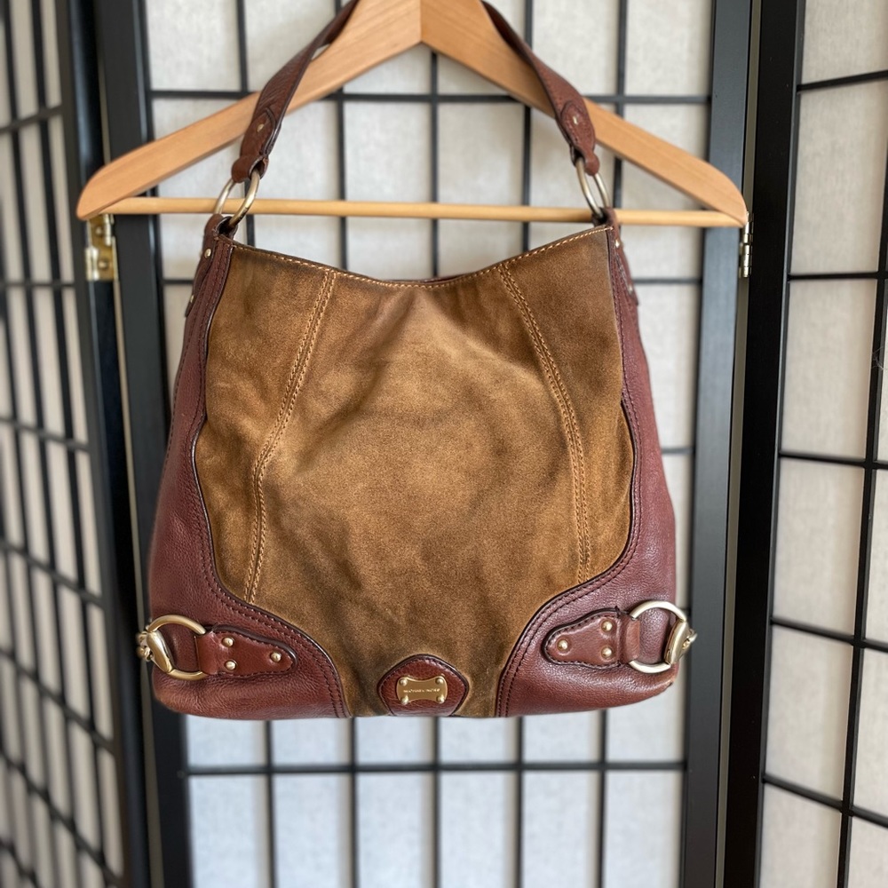 Michael Kors brown suede hobo handbag, solid brown leather trimmings, gold chain